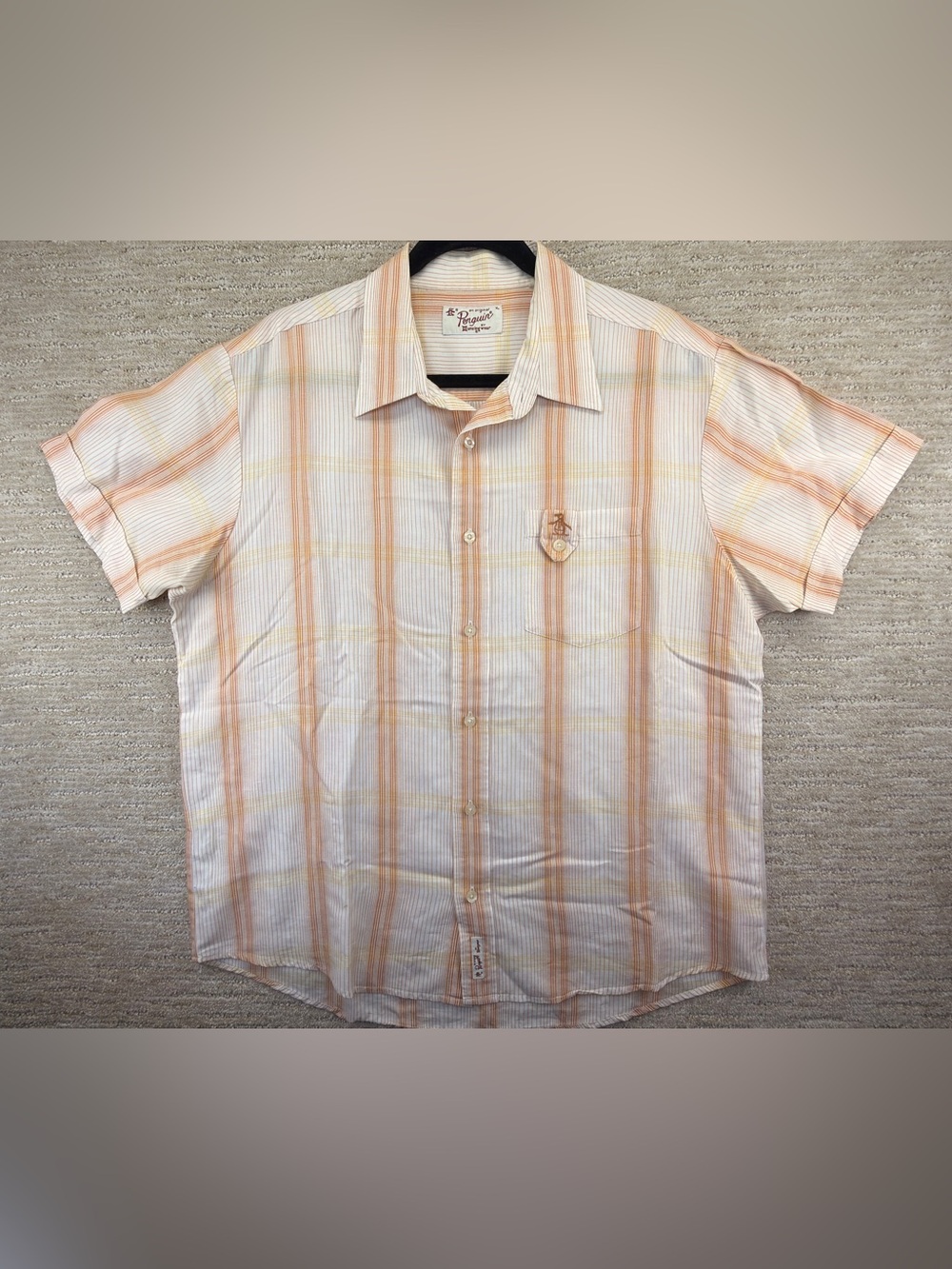 Vintage Original Penguin Short-Sleeve Peach and White Plaid Button-Down